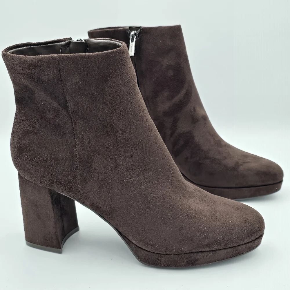 Calvin Klein Uda 2 Faux Suede Heeled Ankle Booties, Chocolate (Brown), Wmns 8.5M - Picture 1 of 16